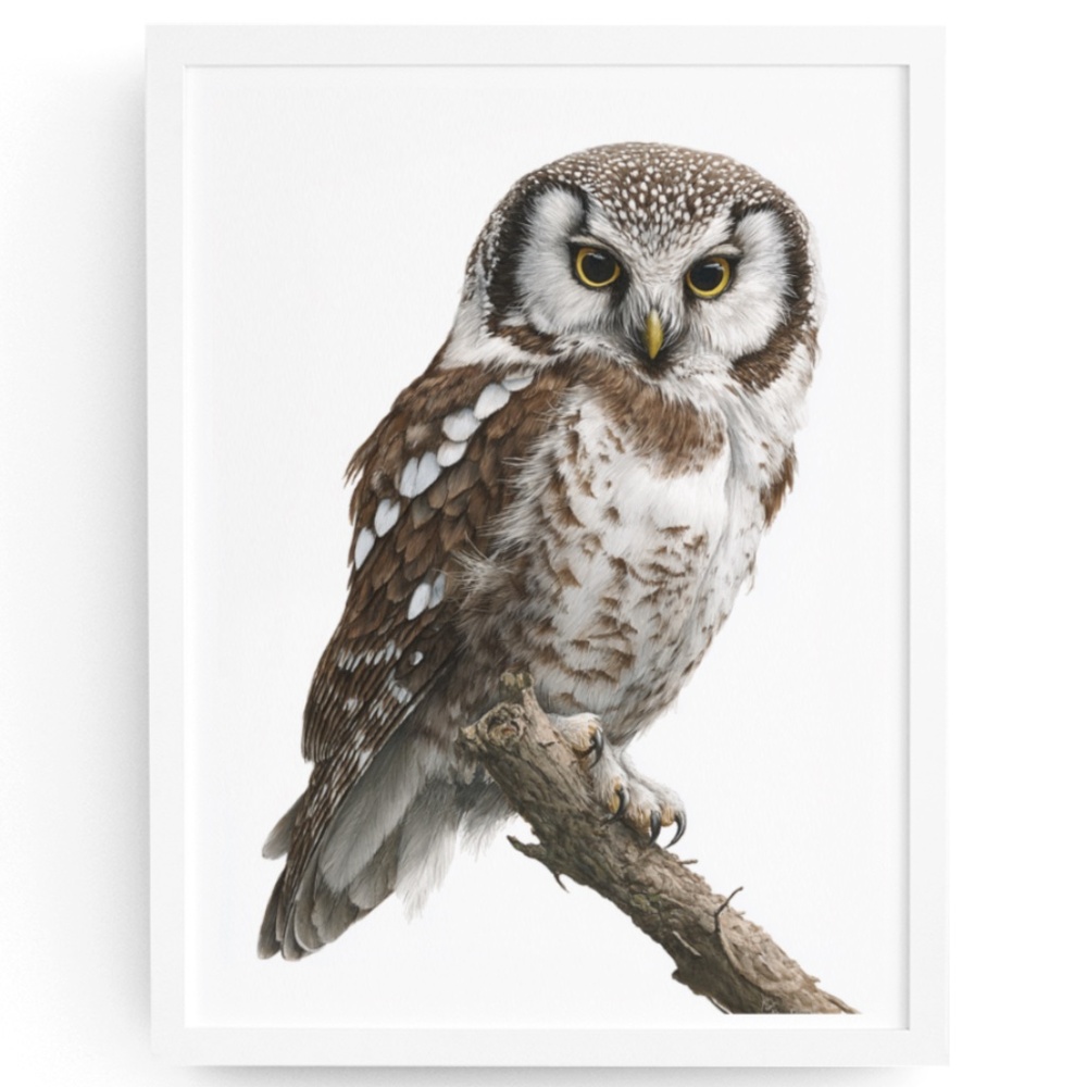 Watercolor Boreal Owl Portrait Wall Art Print Poster, Unframed - Charming